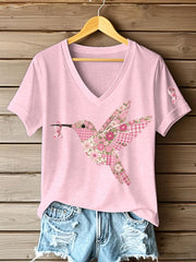 Women's Pink Hummingbird Print T-shirt