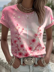Women's Cross Cherry Blossom Pink Breast Cancer Awareness T-Shirt