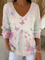 Women's Virgin Mary Pink Breast Cancer Awareness Long Sleeve Top