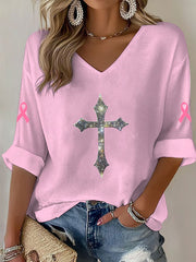 Women's Cross Pink Breast Cancer Awareness Long Sleeve Top
