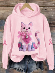 Women's Pink Cat Pink Ribbon Breast Cancer Awareness Support Sweatshirt