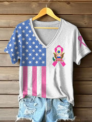 Women's Breast Cancer Awareness US Flag Print T-shirt