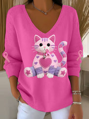 Women's Pink Cat Pink Ribbon Breast Cancer Awareness Support Long-Sleeve Top