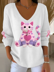 Women's Pink Cat Pink Ribbon Breast Cancer Awareness Support Long-Sleeve Top