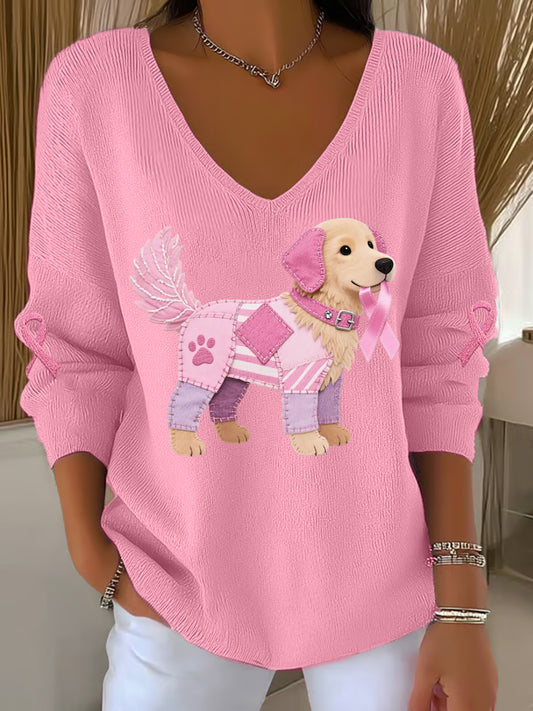 Women's Pink Dog Pink Ribbon Breast Cancer Awareness Support Long-Sleeve Top