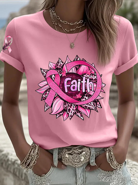 Women's Breast Cancer Awareness Pink Ribbon Short Sleeve T-shirt