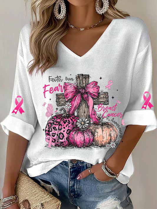 Women's Breast Cancer Awareness Pink Ribbon Waffle T-shirt