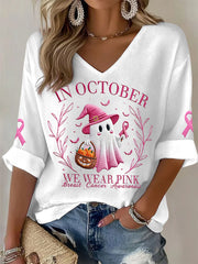 Women's In October We Wear Pink Halloween Pink Ghost Breast Cancer Awareness Support Long Sleeve Top
