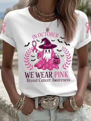 Women's In October We Wear Pink Halloween Pink Ghost Breast Cancer Awareness Support Tee