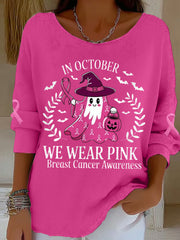 Women's In October We Wear Pink Halloween Pink Ghost Breast Cancer Awareness Support Long Sleeve Top