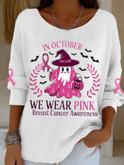 Women's In October We Wear Pink Halloween Pink Ghost Breast Cancer Awareness Support Long Sleeve Top