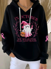 Women's In October We Wear Pink Halloween Pink Ghost Breast Cancer Awareness Support Hoodie