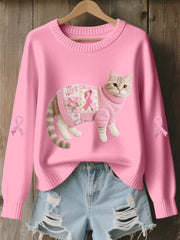 Women's Cat Pink Ribbon Print Casual Top