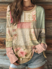 Women's Pink Ribbon Floral Patchwork round neck long sleeve T-shirt