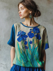 Women's Fleur-de-lis Embroidered Contrast Flowy Linen Shirt