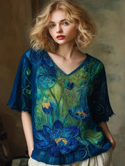 Women's Vintage Lotus Floral Landscape Art Embroidery Sleeve Shirt