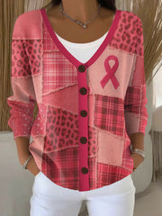Women's Breast Cancer Awareness Pink Ribbon Print Casual Cardigan