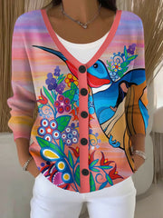 Women's Indigenous Art Hummingbird Print Cardigan