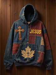 Men's Retro Casual Faith Cross Art Print Oversized Drop-Shoulder Pockets Hoodie