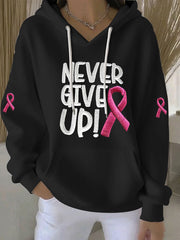 Women's Pink Ribbon Print Casual Hoodie