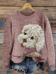 Women's Fuzzy Dog Plush Patchwork Knit Sweater