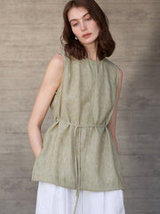 Women's Linen Round Neck Lace-Up Loose Sleeveless Top