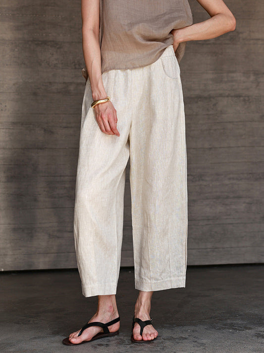 Women's Linen Elastic Waist All-match Straight Cropped Pants