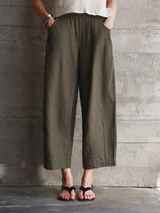 Women's Linen Elastic Waist All-match Straight Cropped Pants