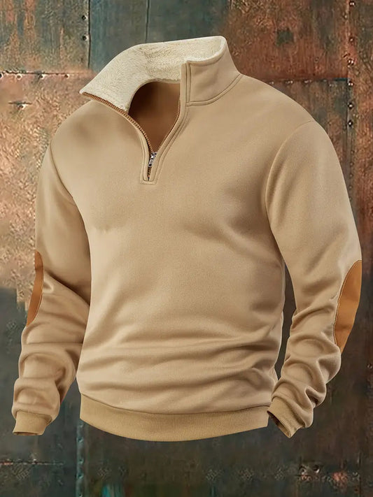 Men's Solid Color Half-Zip Fur Collar Pullover