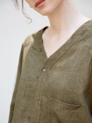 Women's Linen V-Neck Raglan Long Sleeve Shirt