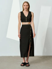 Women's Linen Cotton Side Slit Elastic Waist Skirt