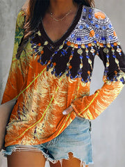 Women's indigenous feather art printed V-neck tops