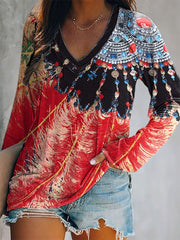 Women's indigenous feather art printed V-neck tops