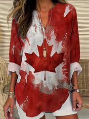 Women's Canadian Flag Maple Leaf Print Vintage Casual Long Sleeve Shirt