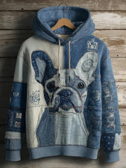 Denim Dog Print Art Casual Hoodie