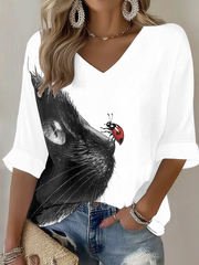 Women's cute cat  Printed Waffle T-shirt