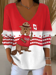 Women's Canadian Maple Leaf Beaver Print Casual V-Neck Long Sleeve Top