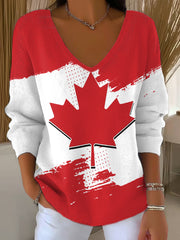 Women's Canadian Maple Leaf Print Casual V-Neck Long Sleeve Top