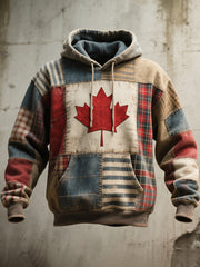 Men's Canadian Flag Inspired Patchwork Art Vintage Washed Hoodie
