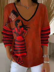Women's Indigenous Sister Art Print V-Neck Tops