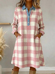 Women's Pink Plaid Pattern Patchwork Art Dress