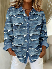 Women's Distressed Denim Patchwork Design Shirt