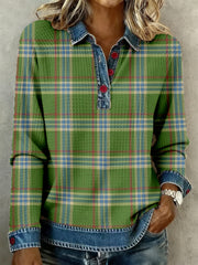 Women's Vintage Plaid Pattern Patchwork Art Waffle Top