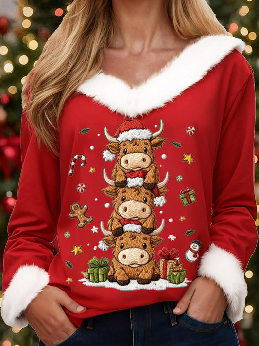 Women's Christmas Cute High Land Cow Print Casual Fur-Collar Top