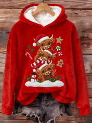 Women's Christmas Highland Cow Plush Hoodie
