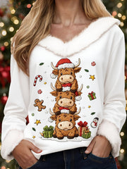 Women's Christmas Cute High Land Cow Print Casual Fur-Collar Top