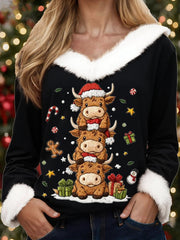 Women's Christmas Cute High Land Cow Print Casual Fur-Collar Top