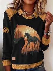 Women's Retro Horse Print Horse Lovers Casual Sweatshirt