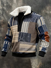 Men's Retro Color Block Print Casual Fur Collar Zip-up Hoodie