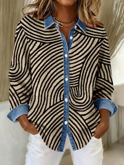 Women's Abstract Art Line Print Patchwork Vintage Shirt